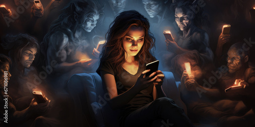 Young woman on her phone, Internet Demons and Trolls in the background 