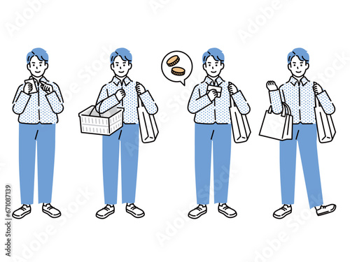 買い物をする人のイラスト(男性、サラリーマン、父親、30歳、お金、決済、キャッシュレス、ポイントを貯める)