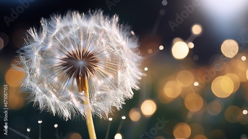  a dandelion is blowing in the wind with a blurry background.  generative ai