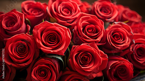 A bouquet of vibrant red roses takes center stage  symbolizing love in its most beautiful and raw form  making it the perfect image for Valentine s Day.