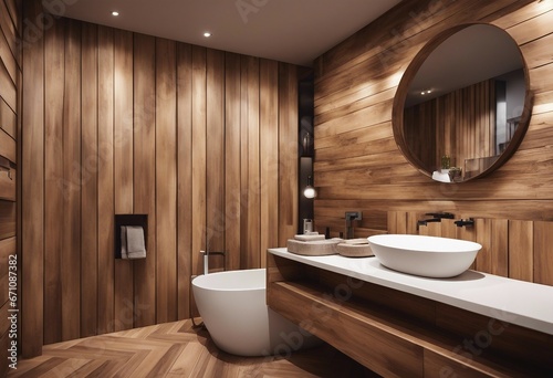 Rustic interior design of modern bathroom with wooden wall and bathtub decorated with solid wood