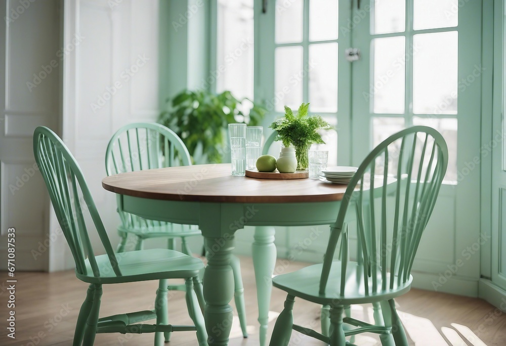 Two mint color chairs at round wooden dining table against window dressed with light green and white Two mint color chairs at round wooden dining table against window dressed with light green and white