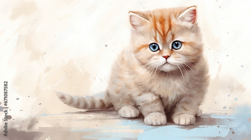  a painting of a kitten with blue eyes sitting on the ground.  generative ai