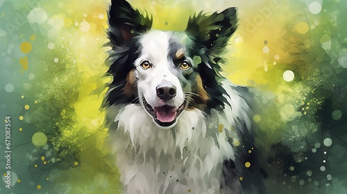  a painting of a black and white dog with yellow eyes. generative ai