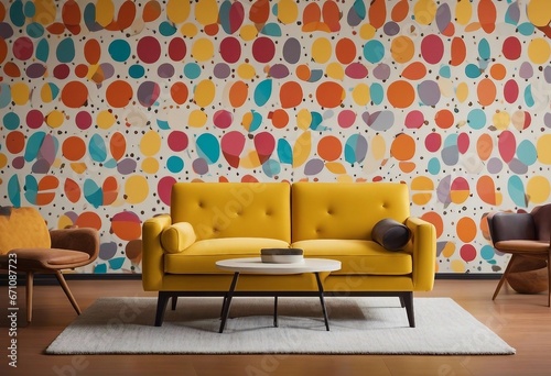 Yellow loveseat sofa and side tables against of colorful circle patterned wall Mid century interior