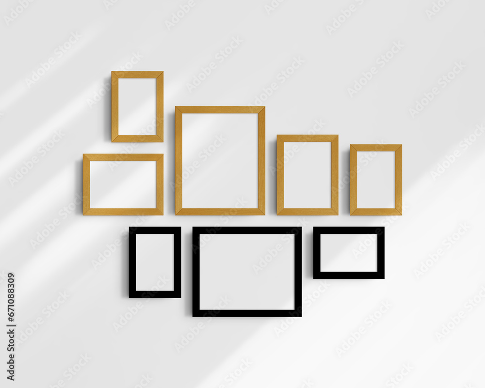Gallery wall mockup, 8 black and yellow oak wood frames. Frame mockup. Horizontal, vertical frames, 4x6 (2:3), 6x4 (3:2), 5x7 (5:7), 7x5 (7:5), 8x10 (4:5), 10x8 (5:4) inches. White wall with shadows. Gallery wall mockup, 8 black and yellow oak wood frames. Frame mockup. Horizontal, vertical frames, 4x6 (2:3), 6x4 (3:2), 5x7 (5:7), 7x5 (7:5), 8x10 (4:5), 10x8 (5:4) inches. White wall with shadows.