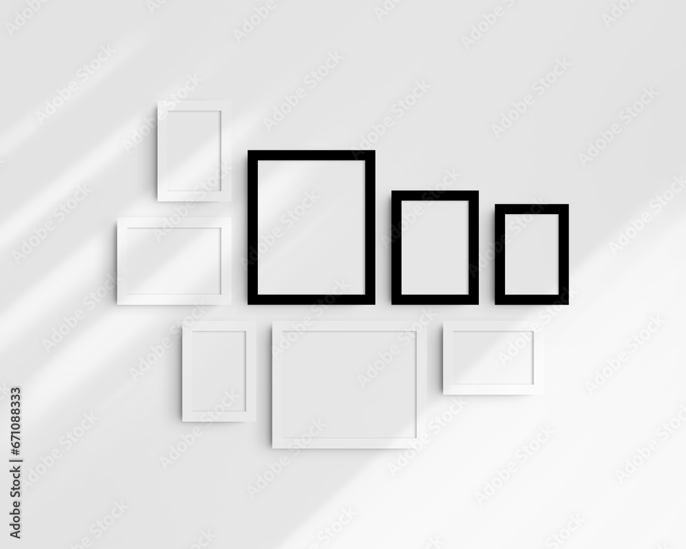 Gallery wall mockup set, 8 black and white frames. Modern frame mockup. Horizontal, vertical frames, 4x6 (2:3), 6x4 (3:2), 5x7 (5:7), 7x5 (7:5), 8x10 (4:5), 10x8 (5:4) inches. White wall with shadows. Gallery wall mockup set, 8 black and white frames. Modern frame mockup. Horizontal, vertical frames, 4x6 (2:3), 6x4 (3:2), 5x7 (5:7), 7x5 (7:5), 8x10 (4:5), 10x8 (5:4) inches. White wall with shadows.
