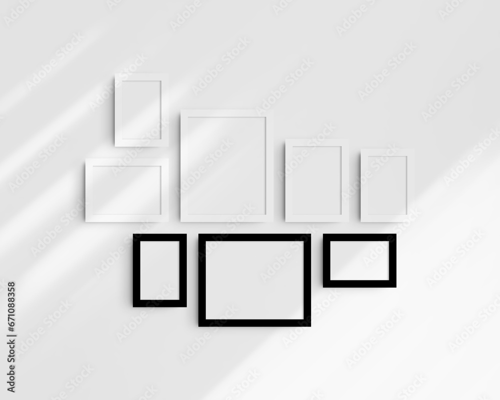 Gallery wall mockup set, 8 black and white frames. Modern frame mockup. Horizontal, vertical frames, 4x6 (2:3), 6x4 (3:2), 5x7 (5:7), 7x5 (7:5), 8x10 (4:5), 10x8 (5:4) inches. White wall with shadows. Gallery wall mockup set, 8 black and white frames. Modern frame mockup. Horizontal, vertical frames, 4x6 (2:3), 6x4 (3:2), 5x7 (5:7), 7x5 (7:5), 8x10 (4:5), 10x8 (5:4) inches. White wall with shadows.