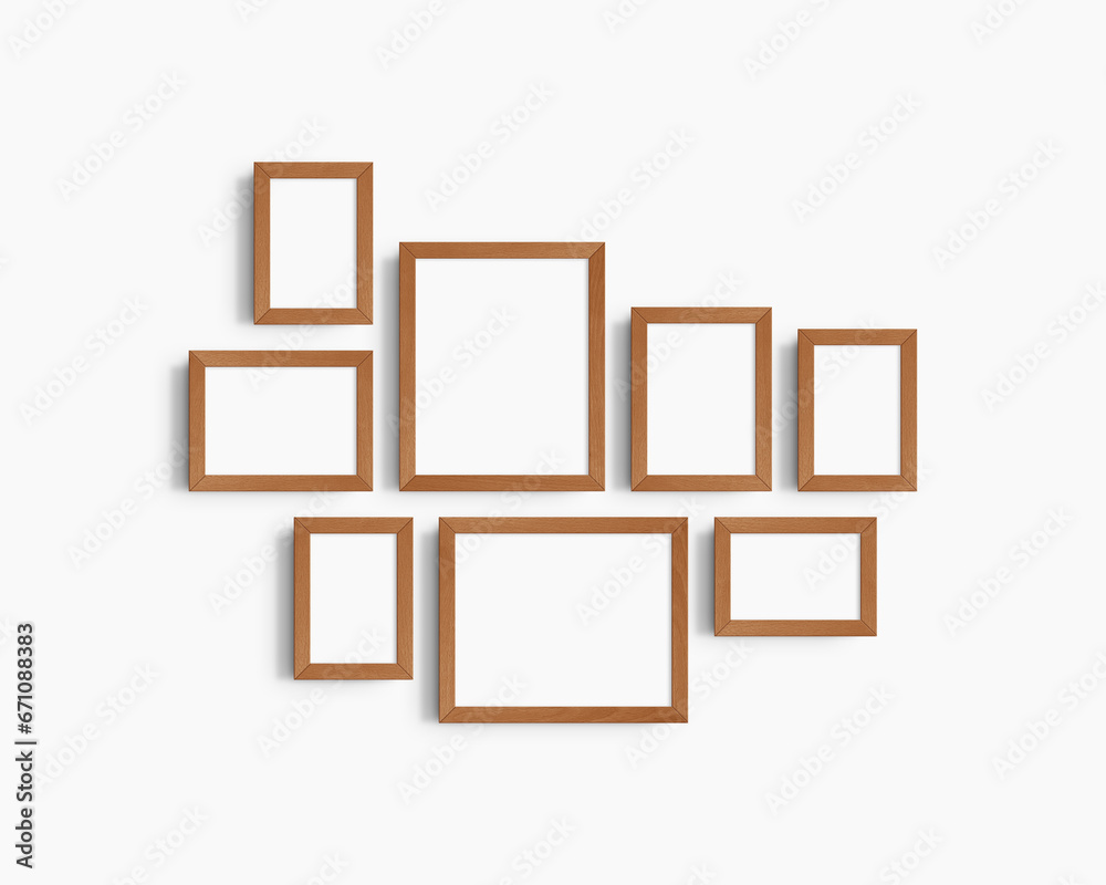 Gallery wall mockup set, 8 cherry wood frames. Modern frame mockup. Horizontal, vertical frames, 4x6 (2:3), 6x4 (3:2), 5x7 (5:7), 7x5 (7:5), 8x10 (4:5), 10x8 (5:4) inches. White wall. Gallery wall mockup set, 8 cherry wood frames. Modern frame mockup. Horizontal, vertical frames, 4x6 (2:3), 6x4 (3:2), 5x7 (5:7), 7x5 (7:5), 8x10 (4:5), 10x8 (5:4) inches. White wall.