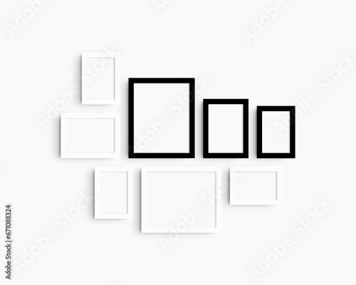 Gallery wall mockup set, 8 black and white frames. Modern frame mockup. Horizontal, vertical frames, 4x6 (2:3), 6x4 (3:2), 5x7 (5:7), 7x5 (7:5), 8x10 (4:5), 10x8 (5:4) inches. White wall.