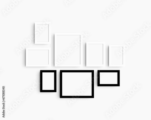 Gallery wall mockup set, 8 black and white frames. Modern frame mockup. Horizontal, vertical frames, 4x6 (2:3), 6x4 (3:2), 5x7 (5:7), 7x5 (7:5), 8x10 (4:5), 10x8 (5:4) inches. White wall.