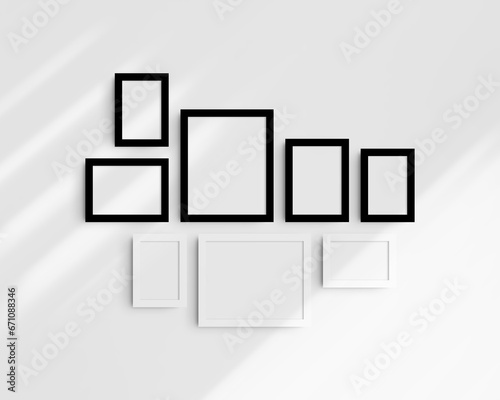 Gallery wall mockup set, 8 black and white frames. Modern frame mockup. Horizontal, vertical frames, 4x6 (2:3), 6x4 (3:2), 5x7 (5:7), 7x5 (7:5), 8x10 (4:5), 10x8 (5:4) inches. White wall with shadows.