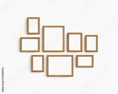 Gallery wall mockup set, 8 cherry wood frames. Modern frame mockup. Horizontal, vertical frames, 4x6 (2:3), 6x4 (3:2), 5x7 (5:7), 7x5 (7:5), 8x10 (4:5), 10x8 (5:4) inches. White wall.