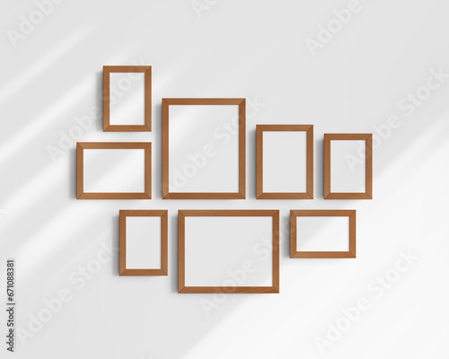 Gallery wall mockup set, 8 cherry wood frames. Modern frame mockup. Horizontal, vertical frames, 4x6 (2:3), 6x4 (3:2), 5x7 (5:7), 7x5 (7:5), 8x10 (4:5), 10x8 (5:4) inches. White wall with shadows.