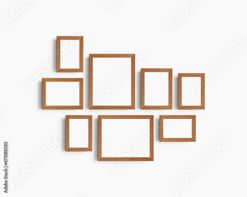 Fototapeta Naklejka Na Ścianę i Meble -  Gallery wall mockup set, 8 cherry wood frames. Modern frame mockup. Horizontal, vertical frames, 4x6 (2:3), 6x4 (3:2), 5x7 (5:7), 7x5 (7:5), 8x10 (4:5), 10x8 (5:4) inches. White wall.