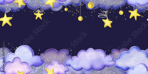 Night sky with a yellow suspended stars and clouds sewn from fabric with thread stitches. Children s hand drawn watercolor illustration. Seamless banner, template on a dark blue background.