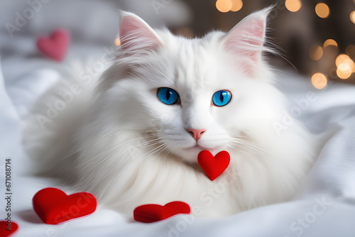 cute white fluffy cat with blue eyes on a fluffy light blanket and small red plush hearts lie around. Image for a veterinary clinic or pet store. photo created using the Playground AI platform