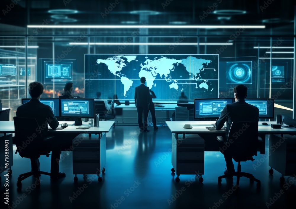 Engineer IT silhouette in big database server center in office. Ultra high speed data server transfer. Technology science background concept Engineer IT silhouette in big database server center in office. Ultra high speed data server transfer. Technology science background concept