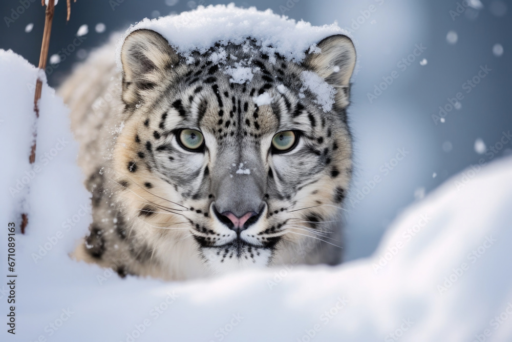 Snow leopard portrait in snow close up Snow leopard portrait in snow close up
