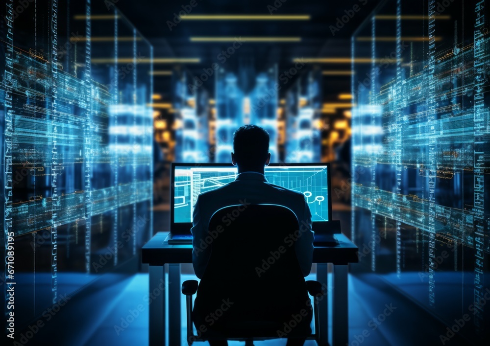 Engineer IT silhouette in big database server center in office. Ultra high speed data server transfer. Technology science background concept Engineer IT silhouette in big database server center in office. Ultra high speed data server transfer. Technology science background concept