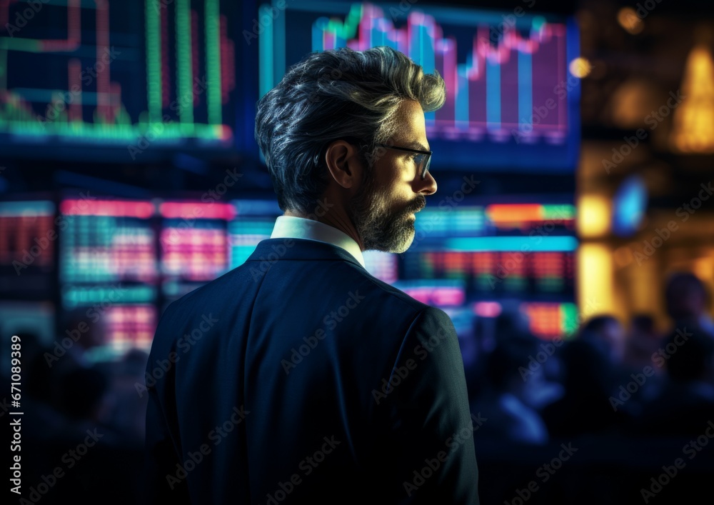 The trader on a stock exchange floor, using cyber tech and AI-powered algorithms and predictive analytics to make split-second investment decisions. The trader on a stock exchange floor, using cyber tech and AI-powered algorithms and predictive analytics to make split-second investment decisions.