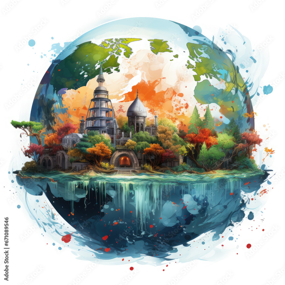 Watercolor Splash art globe white background Clipart, Generative Ai