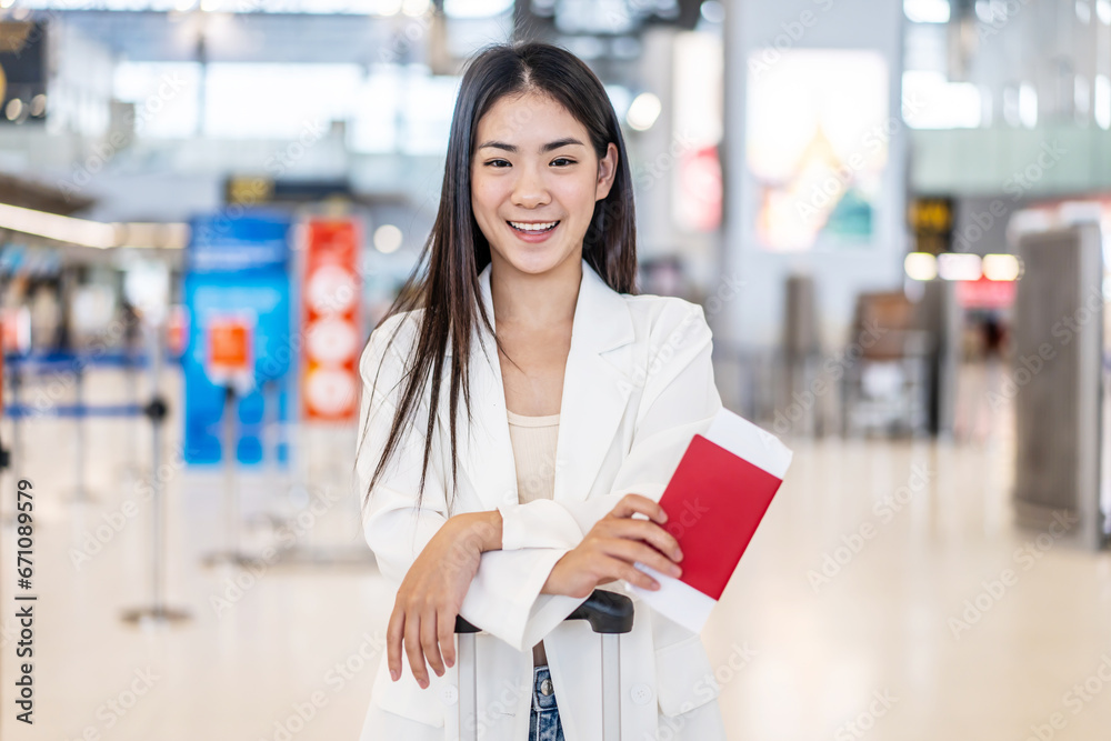 Portrait Of Happy Traveling Young Beautiful Asian Woman With Passport And Tickets At Airport Terminal, Girl walk in to boarding gate, female tourist passenger feel happy and excited to go travel Portrait Of Happy Traveling Young Beautiful Asian Woman With Passport And Tickets At Airport Terminal, Girl walk in to boarding gate, female tourist passenger feel happy and excited to go travel