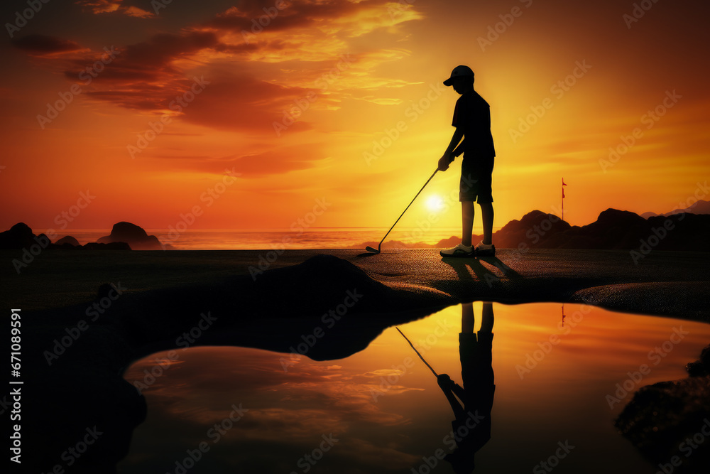 Young boy practising golf on the beach at sunset