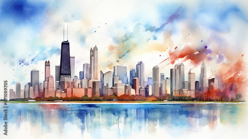  a watercolor painting of a cityscape with a lake in front of it.  generative ai