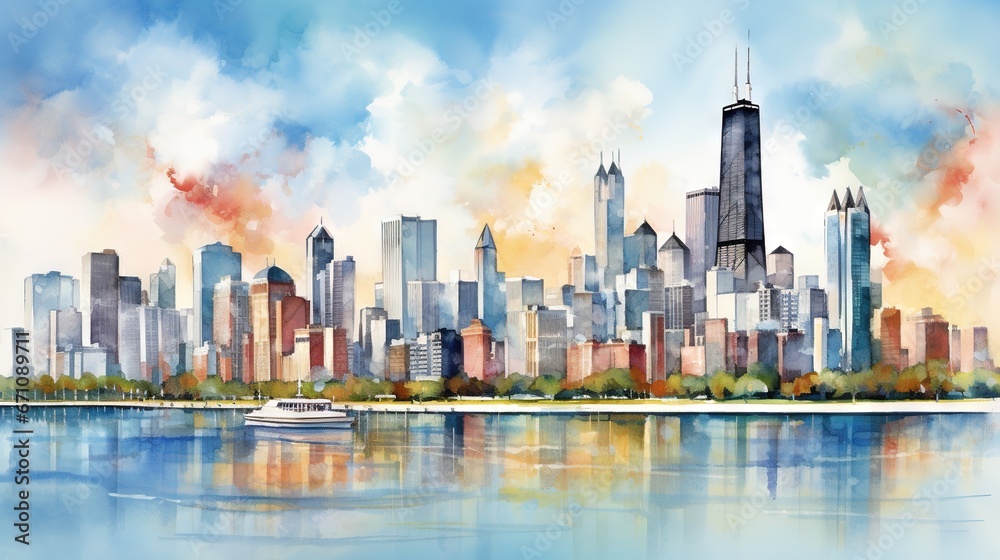  a painting of a city skyline with a boat in the water.  generative ai