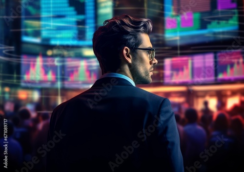 The trader on a stock exchange floor, using cyber tech and AI-powered algorithms and predictive analytics to make split-second investment decisions.