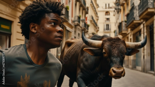 Fictitious African American male runs from a bull in Madrid AI generative