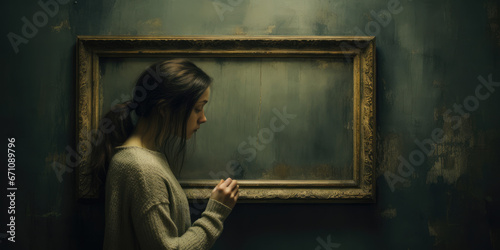 Teenage girl looking depressed and sad adjusting a picture frame.