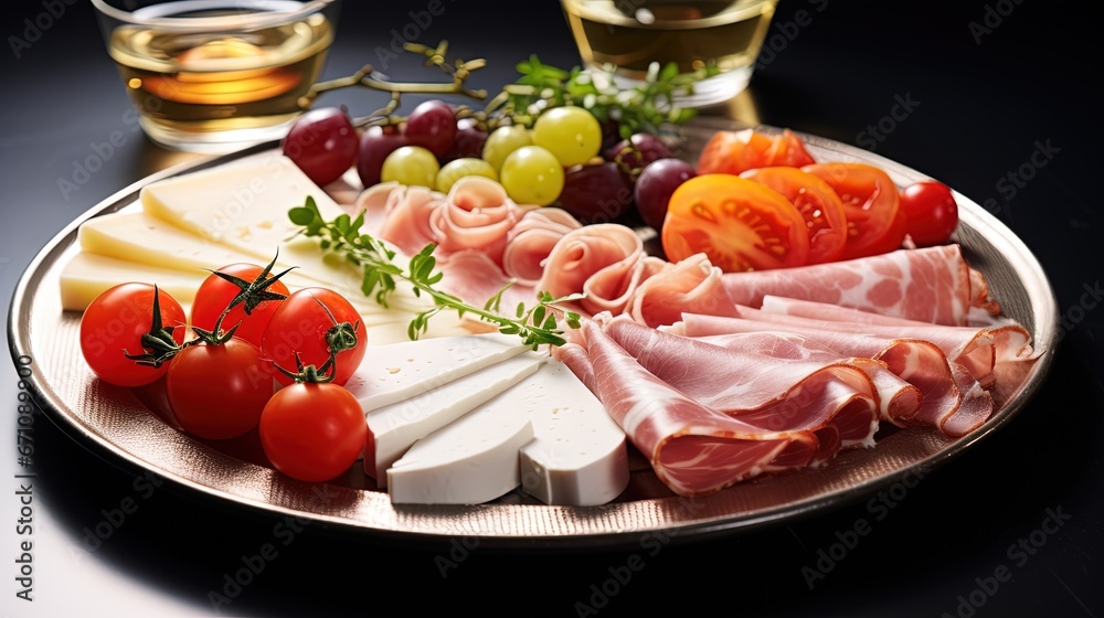 a platter of meat, cheese, tomatoes, and olives. generative ai a platter of meat, cheese, tomatoes, and olives. generative ai