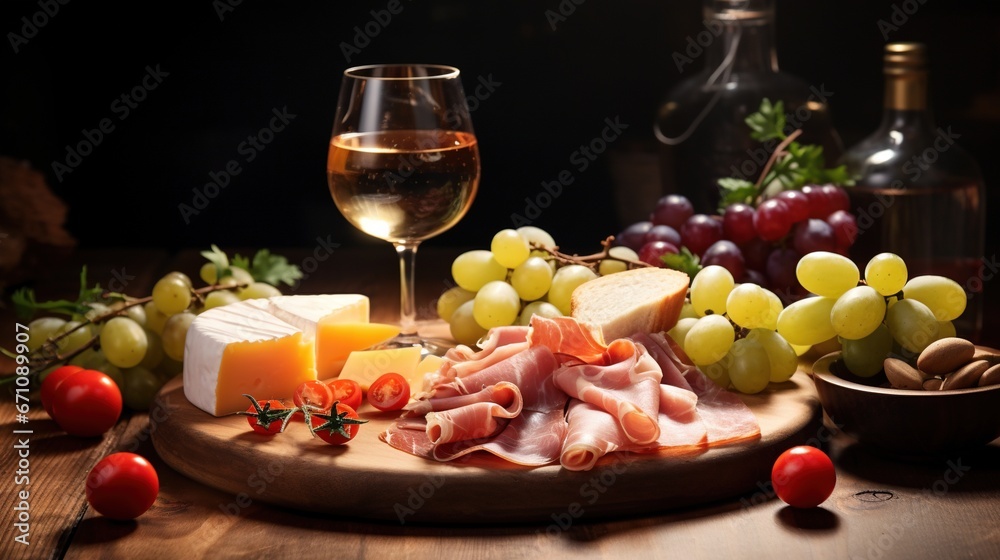  a plate of food and a glass of wine on a table.  generative ai