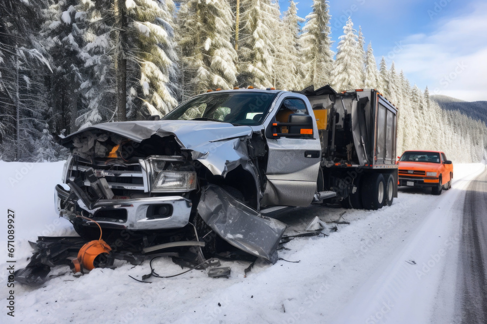 Crashed pickup truck on the road in snow Crashed pickup truck on the road in snow