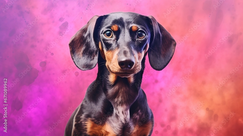  a dachshund dog sitting in front of a pink and purple background.  generative ai