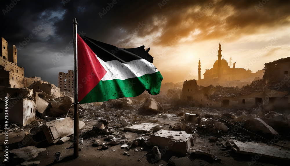 Palestinian flag in Gaza City - obrazy, fototapety, plakaty 