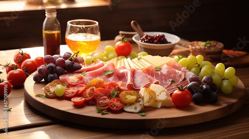  a platter of meat, cheese, tomatoes, grapes, and olives. generative ai