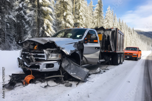 Crashed pickup truck on the road in snow © pilipphoto