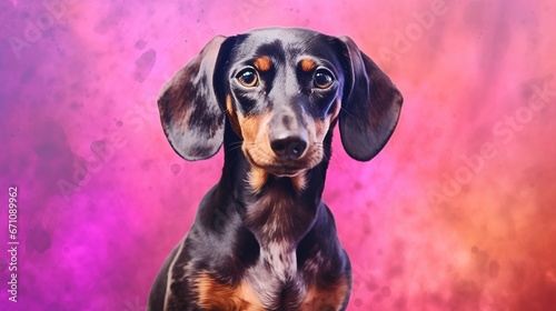  a dachshund dog sitting in front of a pink and purple background.  generative ai © Shanti