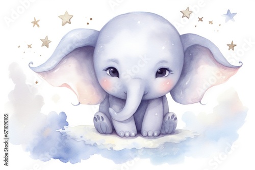 Baby elephant sitting amidst stars, watercolor painting. Childhood and dreams.