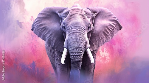  an elephant with tusks standing in front of a colorful background.  generative ai © Shanti