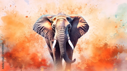  an elephant with tusks standing in front of a colorful background. generative ai