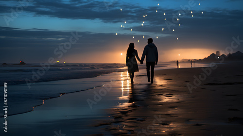 A couple walks hand in hand along a moonlit beach, the waves gently kissing their feet, creating a beautiful and romantic scene for Valentine's Day. photo