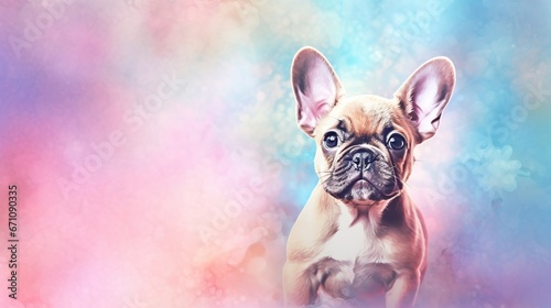 a small brown dog standing on top of a blue and pink background.  generative ai