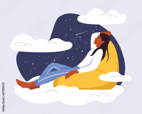 Vector illustration. The girl lies or sits on an ottoman and dreams.  Fly in the clouds