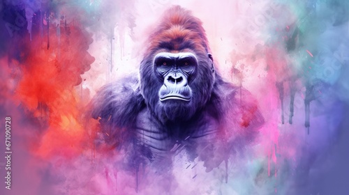  a gorilla with a colorful background and a sky background with clouds. generative ai