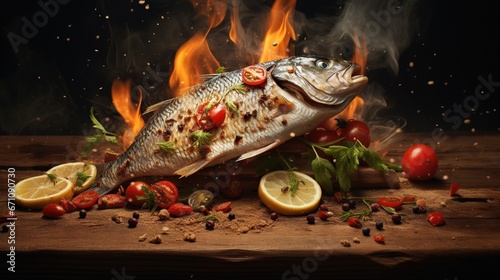  a fish is on fire with tomatoes, lemons, and tomatoes. generative ai