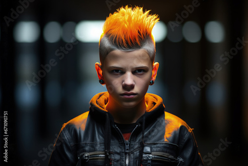 Young teenager with bright orange mohawk hairstyle in a police cell